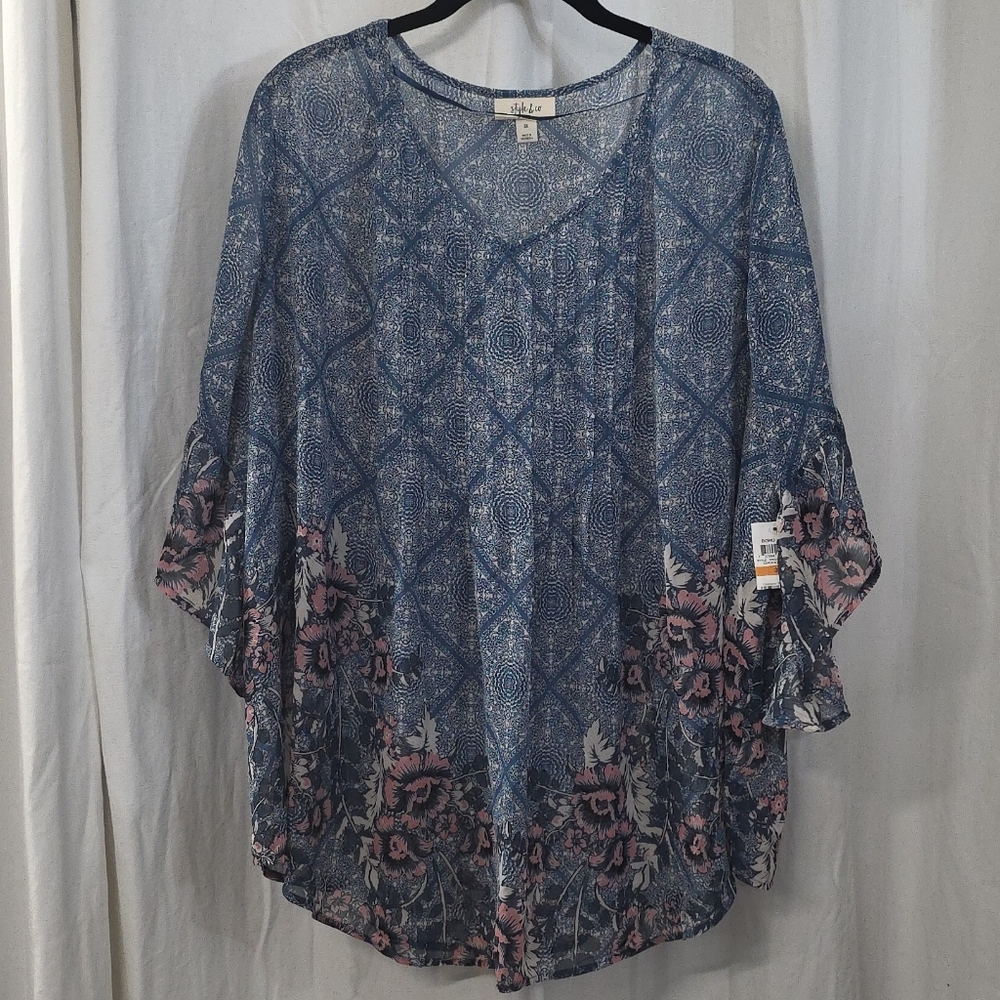 0x 1x 2x 3x Style Co Georgette Pintuck Pink Blue Bell Sleeve Boho Babydoll Top